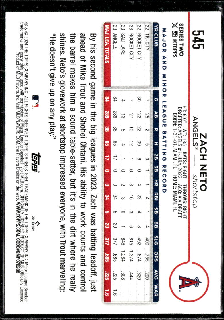 Zach Neto 2024 Topps Team Logo Border SSP SHORTPRINT Los Angeles Angels
