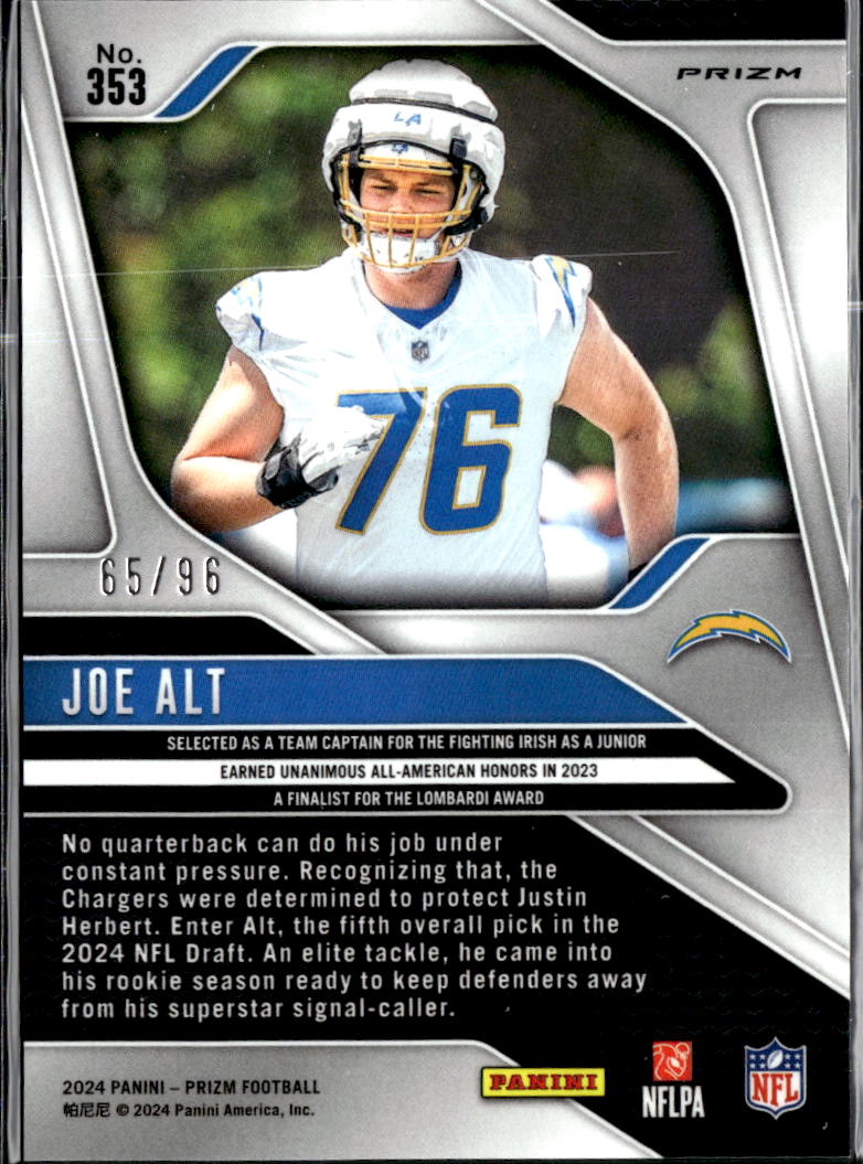 Joe Alt 2024 Prizm Blue Sprakle Prizm Rookie RC 65/96 Los Angeles Chargers