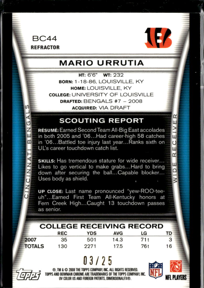Mario Urrutia 2008 Bowman Chrome Orange Refractor RC 3/25 Cincinnati Bengals