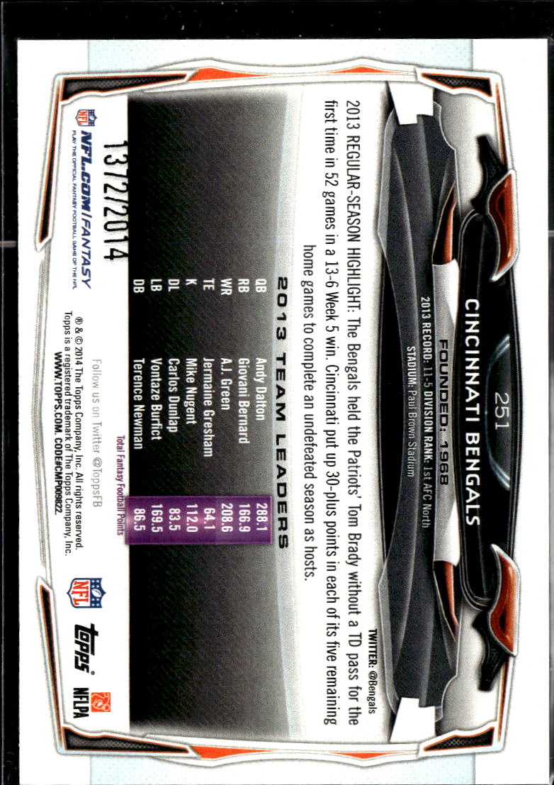 Cincinnati Bengals 2014 Topps Team Card GOLD 1372/2014