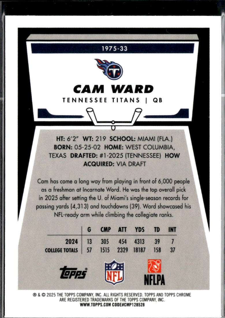 Cam Ward 2025 Topps Chrome '75 RC Rookie X-Fractor Tennessee Titans