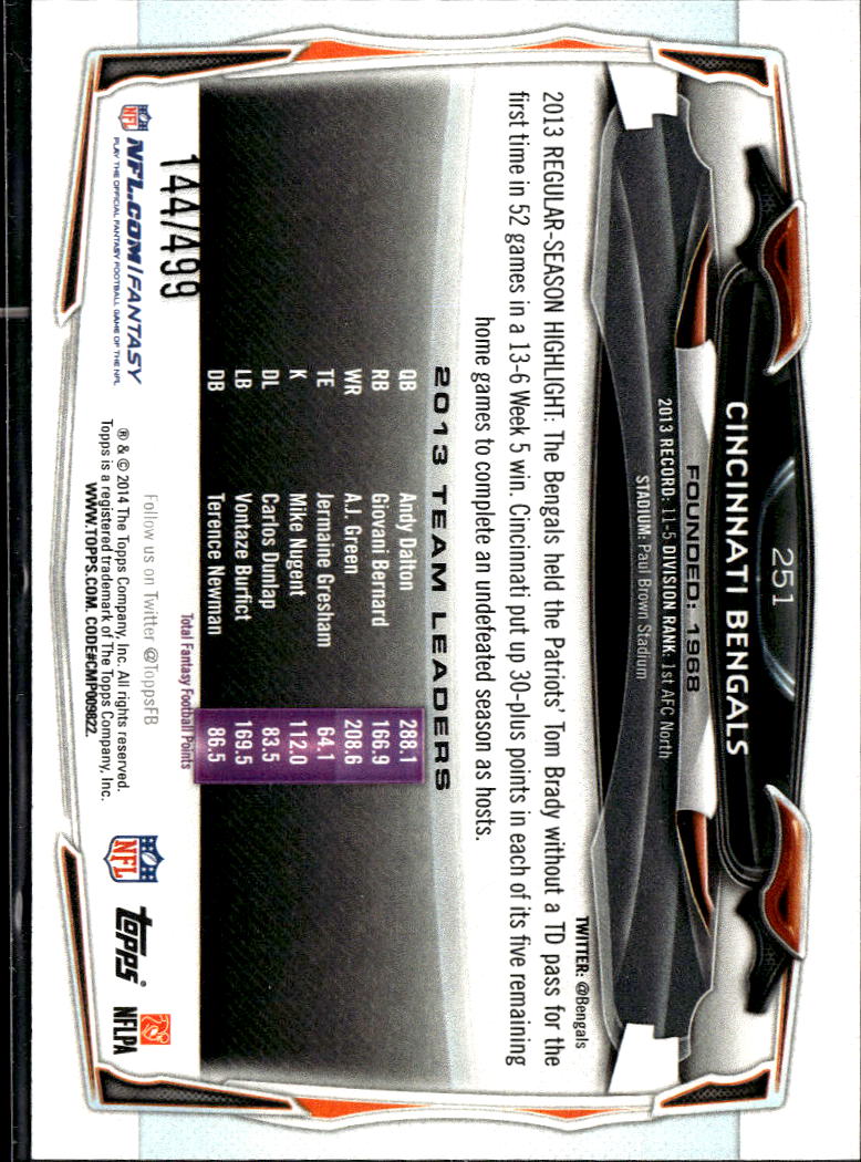 Cincinnati Bengals 2014 Topps Team Card Pink 144/499