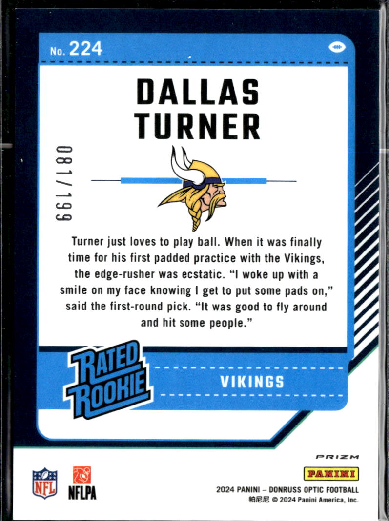 Dallas Turner 2024 Optic Rated Rookie Blue 81/199 Minnesota Vikings