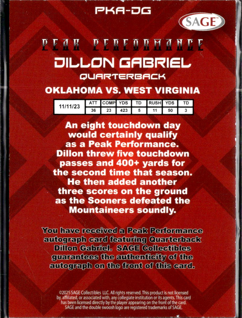 Dillon Gabriel 2025 SAGE Peak Auto Autograph Rookie RC Browns Oklahoma Sooners