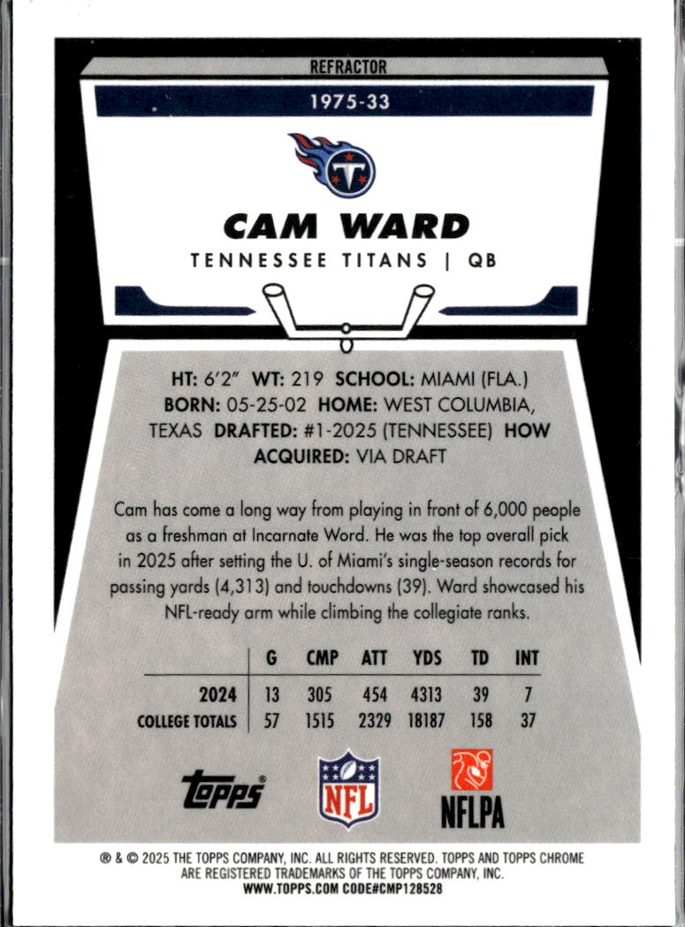 Cam Ward 2025 Topps Chrome '75 Rookie RC Refractor Tennessee Titans