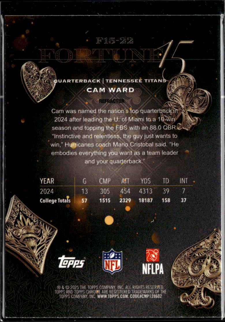 Cam Ward 2025 Topps Chrome Fortune 15 RC Refractor Tennessee Titans
