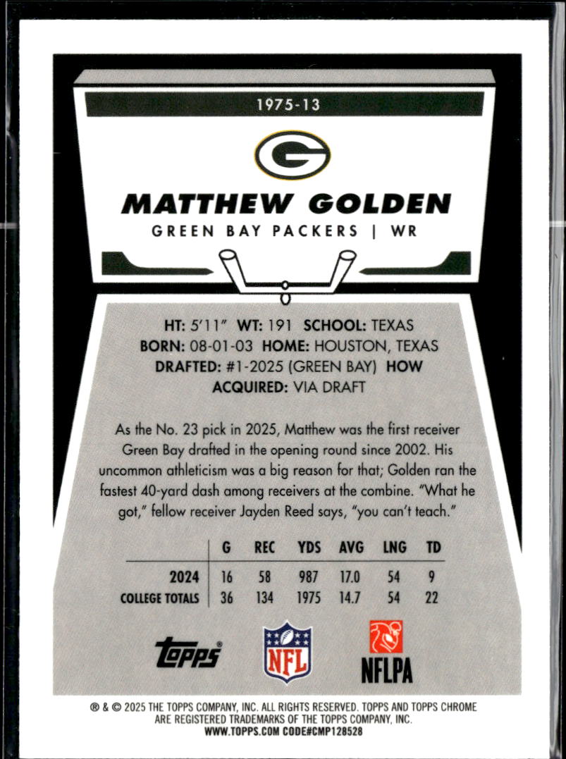 Matthew Golden 2025 Topps Chrome '75 Pink RC 198/250 Green Bay Packers