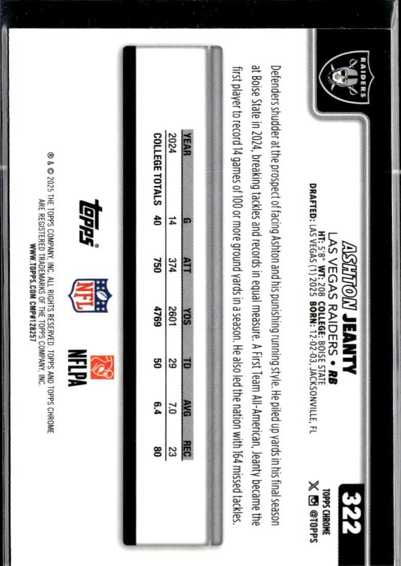 Ashton Jeanty 2025 Topps Chrome RC Pink X-Fractor Las Vegas Raiders