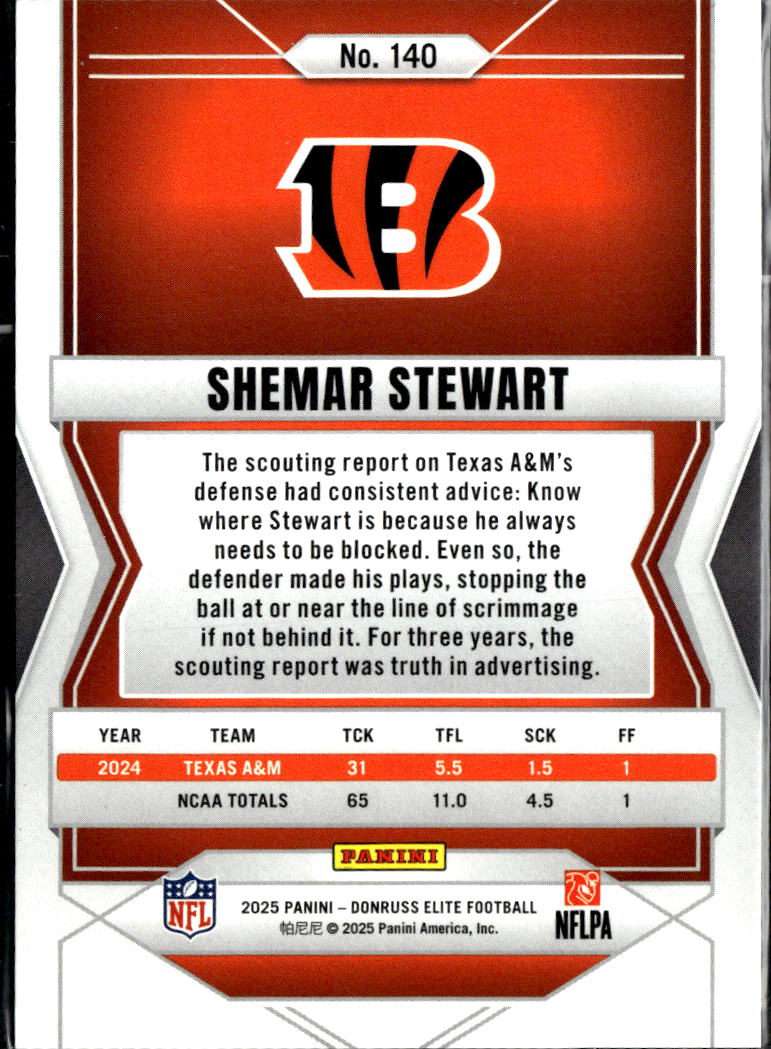 Shemar Stewart 2025 Elite Orange Status RC 799/849 Cincinnati Bengals