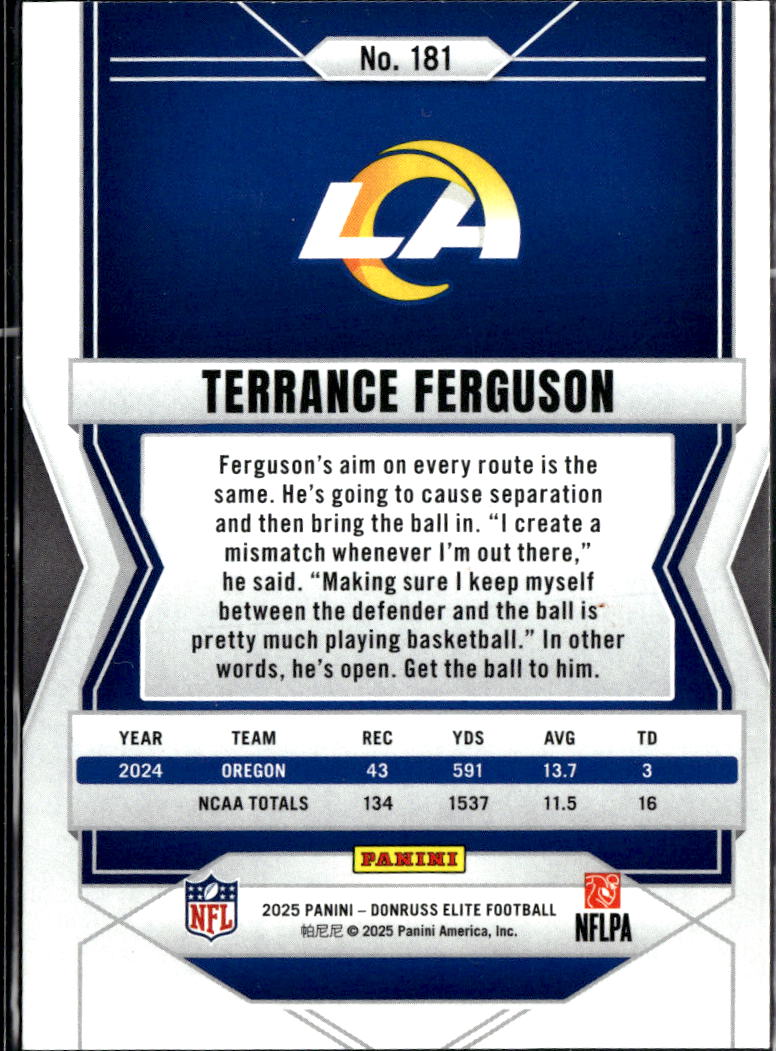 Terrance Ferguson 2025 Elite Teal Rookie RC 9/499 Los Angeles Rams