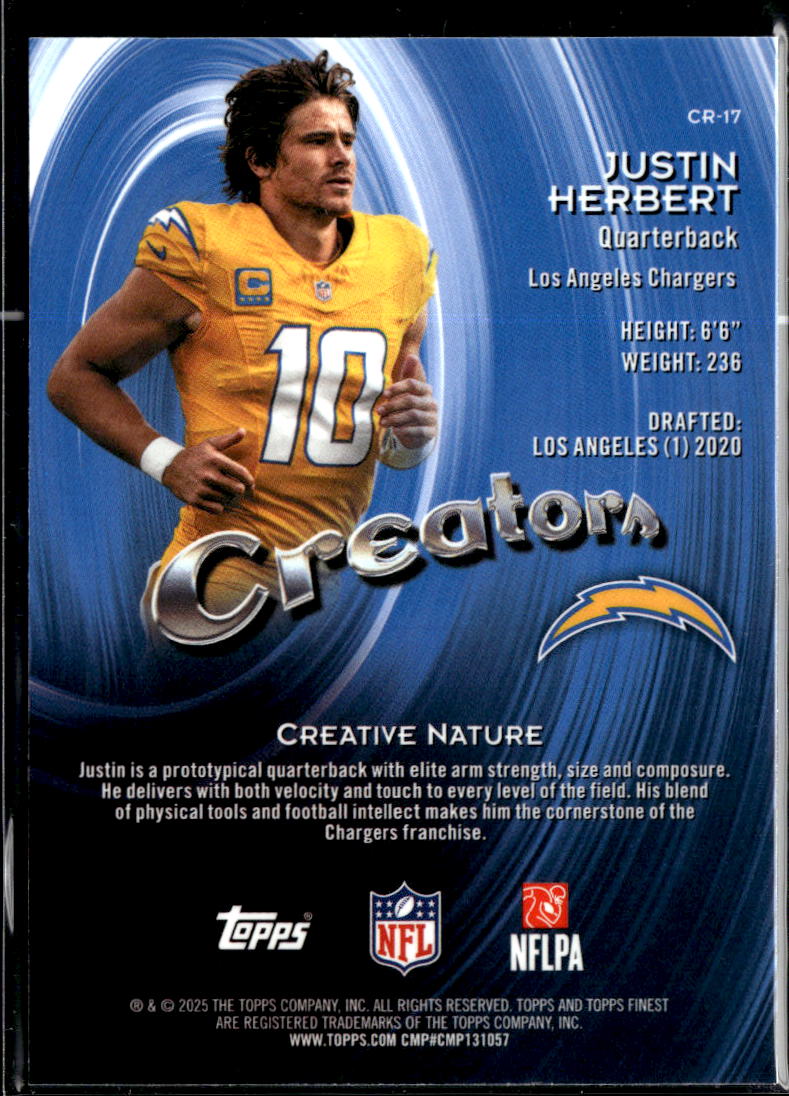 Justin Herbert 2025 Topps Finest Creators Blue Refractor /150 LA Chargers