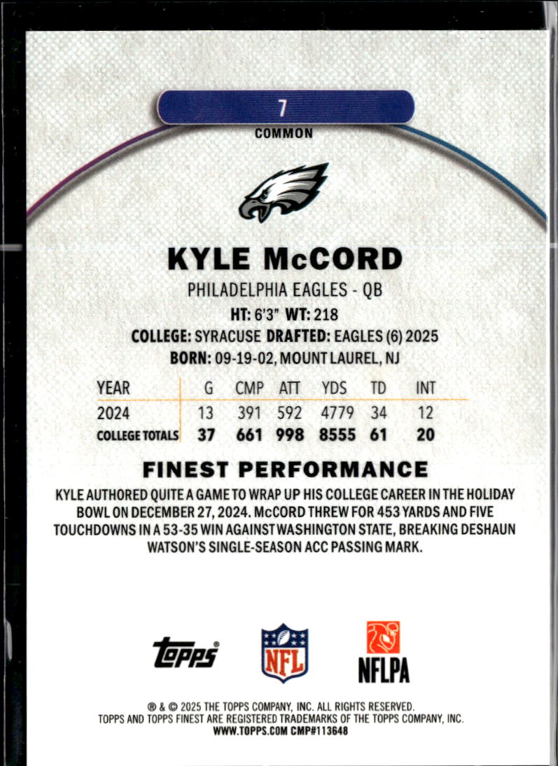 Kyle McCord 2025 Topps Finest Purple Refractor RC 144/150 Philadelphia Eagles