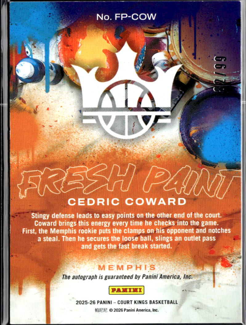 Cedric Coward 2026 Court Kings Fresh Paint Auto Autograph RC 82/99 Grizzlies
