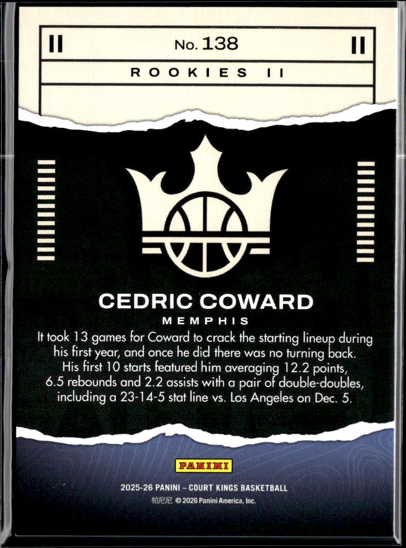 Cedric Coward 2025 Court Kings Rookie Level II RC Memphis Tigers