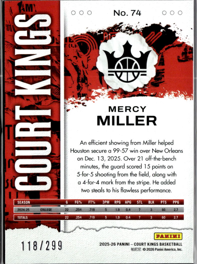 Mercy Miller 2026 Panini Court Kings Rookie RC Houston 118/299