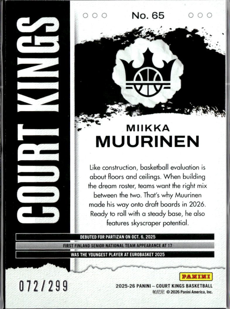 Miikka Muurinen 2026 Panini Court Kings Rookie RC Arkansas 72/299