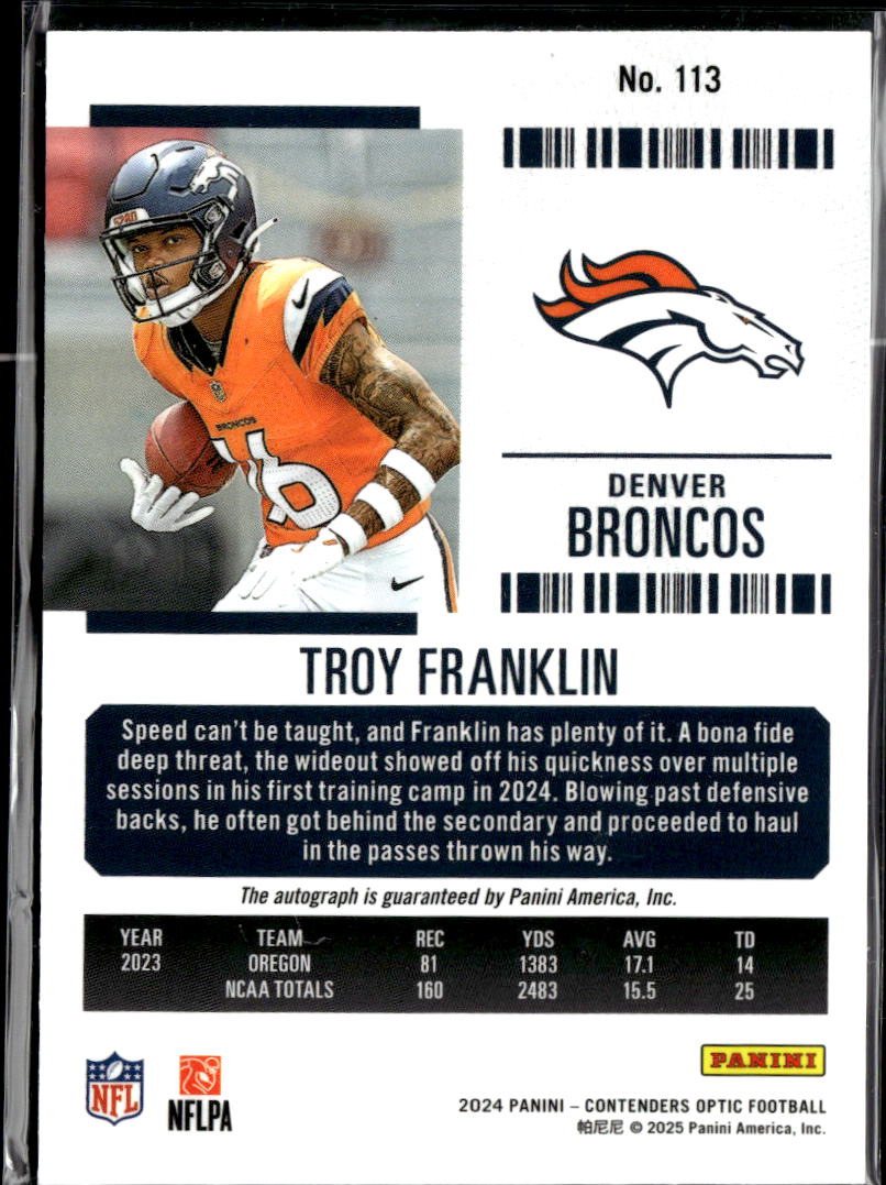 Troy Franklin 2024 Contenders Optic Auto Autograph Rookie RC Denver Broncos