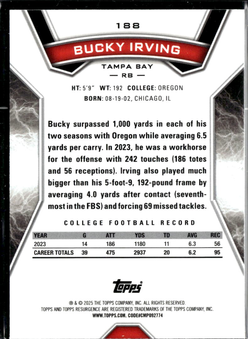 Bucky Irving 2025 Topps Resurgence Pink Rookie RC 113/199 Tampa Bay Buccaneers