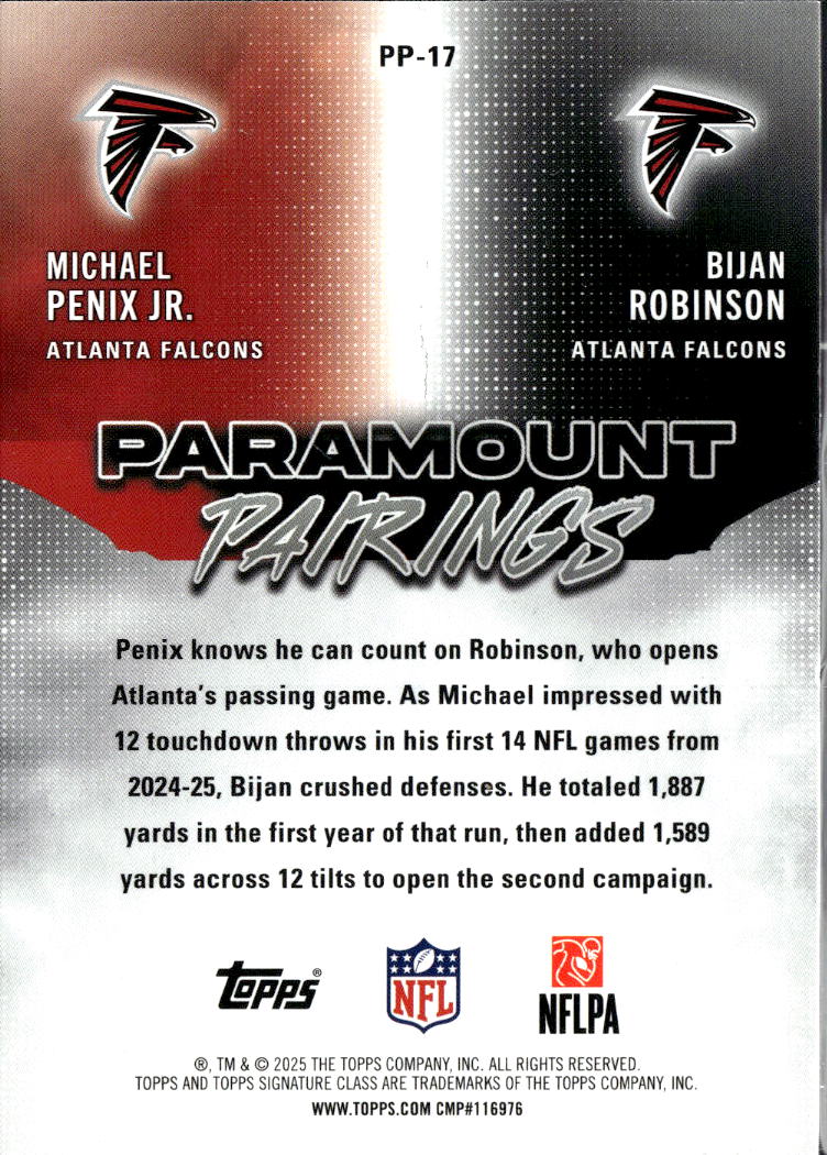 Bijan Robinson / Michael Penix Jr. 2025 Topps Paramount Pairings /100 Falcons