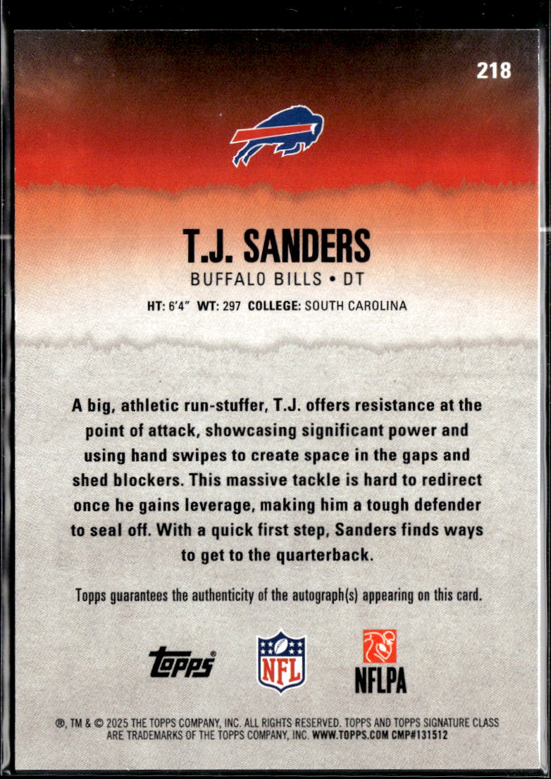 T.J. Sanders 2025 Topps Signature Class RC Auto Autograph Buffalo Bills