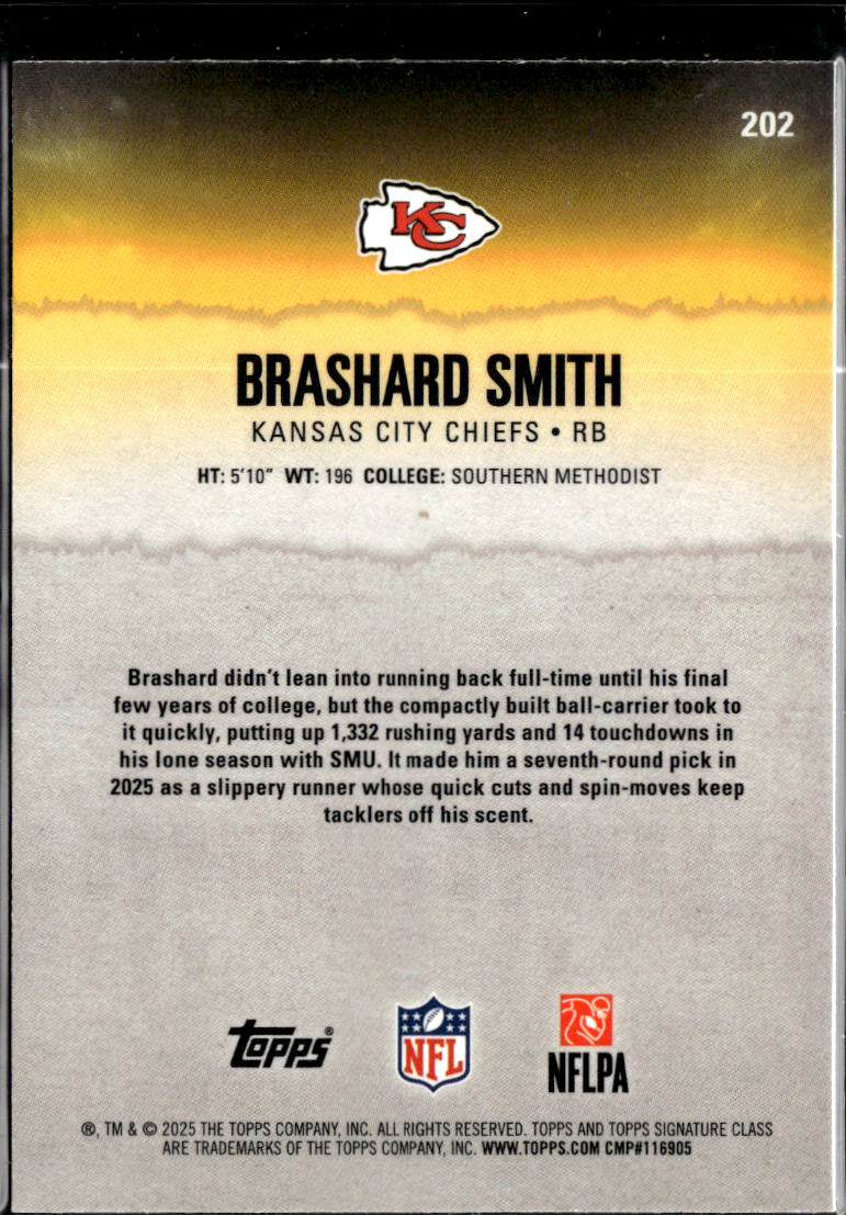 Brashard Smith 2025 Topps Signature Class RC 34/150 Kansas City Chiefs