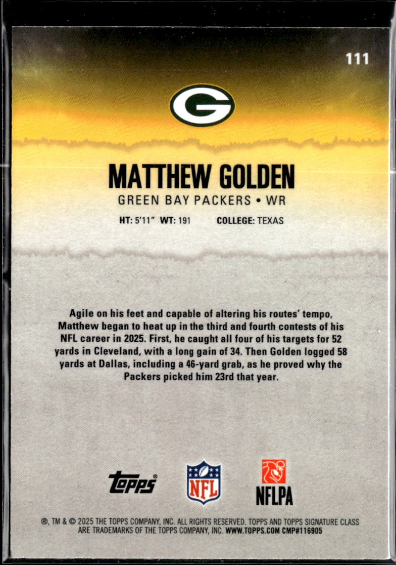 Matthew Golden 2025 Topps Signature Class Pink RC 194/250 Green Bay Packers