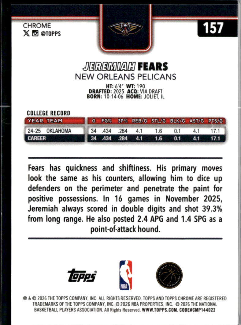 Jeremiah Fears 2026 Topps Chrome Update Orange RC 21/25 New Orleans Pelicans