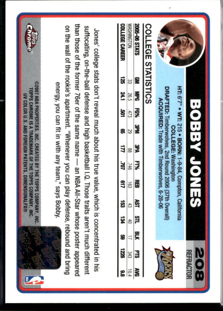 Bobby Jones 2006-07 Topps Chrome Auto Autograph Black RC Philadelphia 76ers