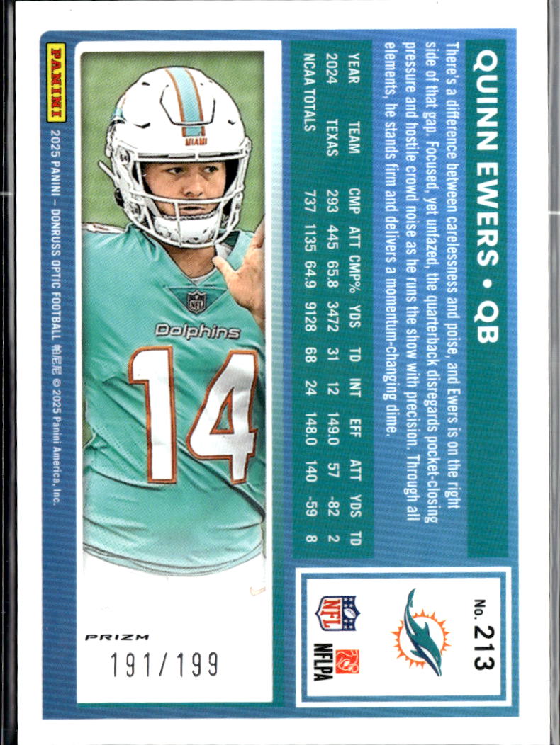 Quinn Ewers 2025 Optic Rated Rookie RC Lime Green 191/199 Texas Miami Dolphins