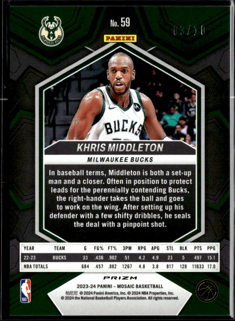 Khris Middleton 2023-24 Mosaic Green Fluorescent 3/10 Milwaukee Bucks