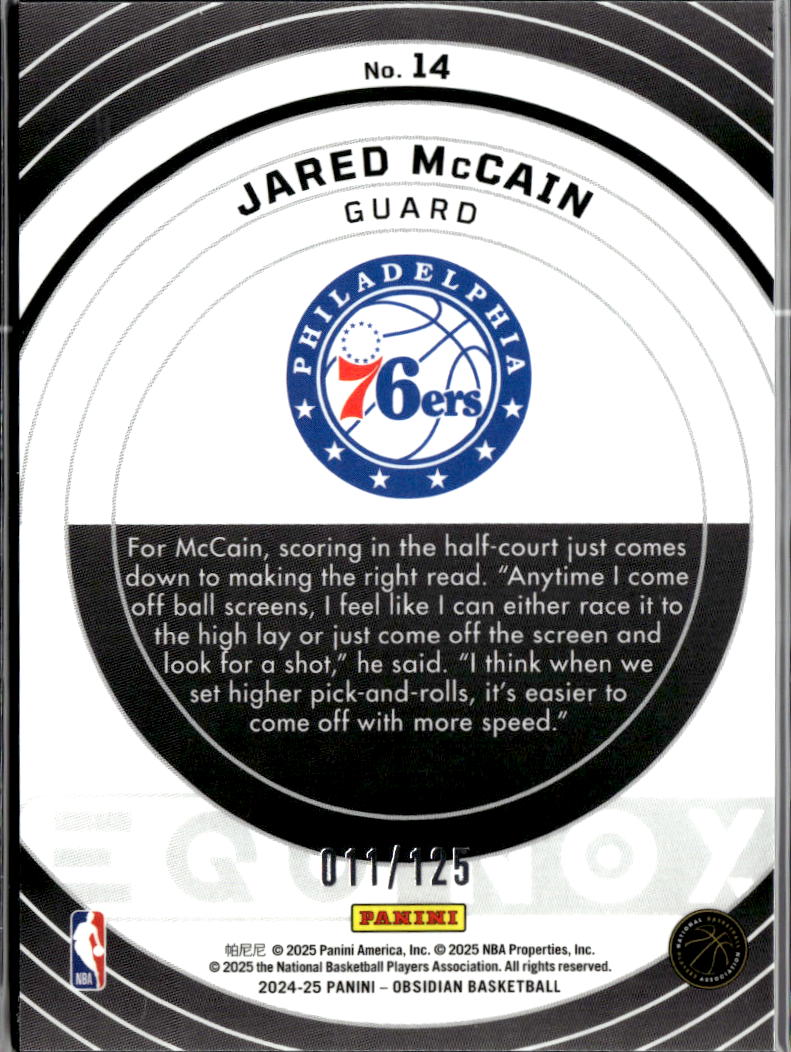 Jared McCain 2024-25 Obsidian Equinox RC Rookie 11/125 Philadelphia 76ers