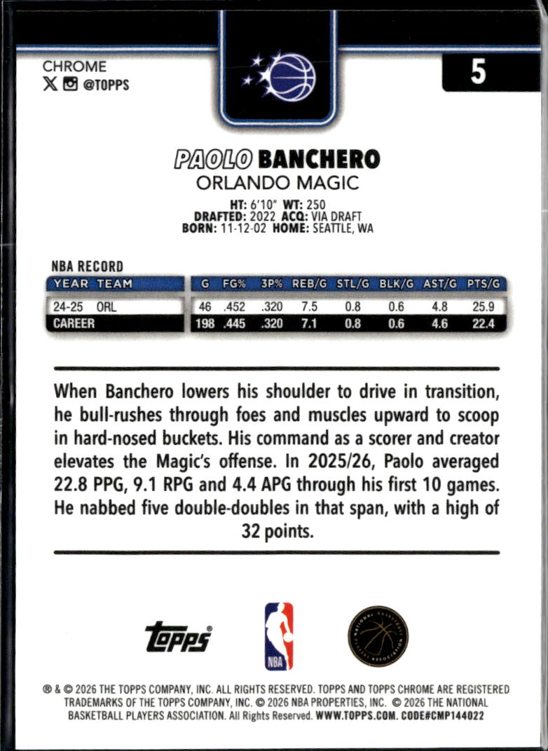 Paolo Banchero 2025-26 Topps Chrome Orange Wave Refractor 1/25 Orlando Magic