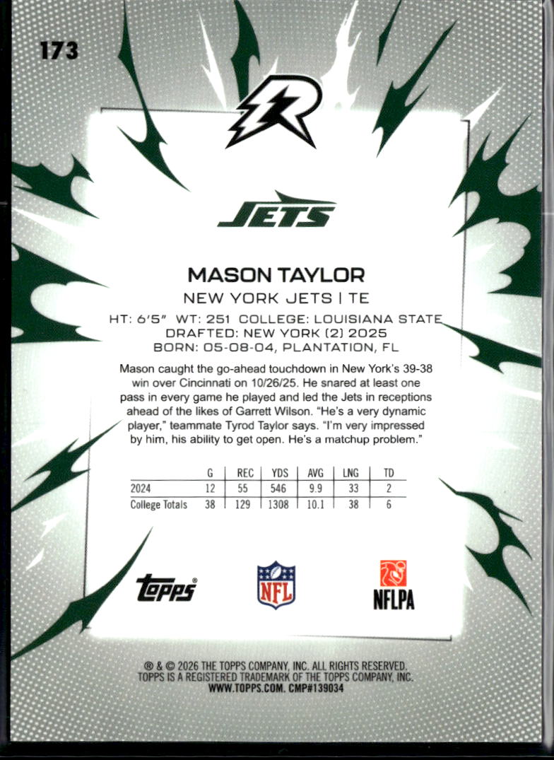Mason Taylor 2026 Topps Resurgence White RC /425 New York Jets