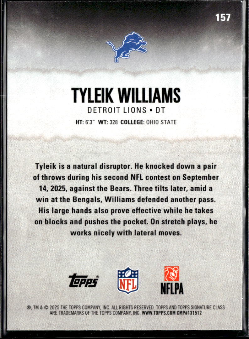 Tyleik Williams 2025 Topps Signature Class Pink RC /250 Detroit Lions
