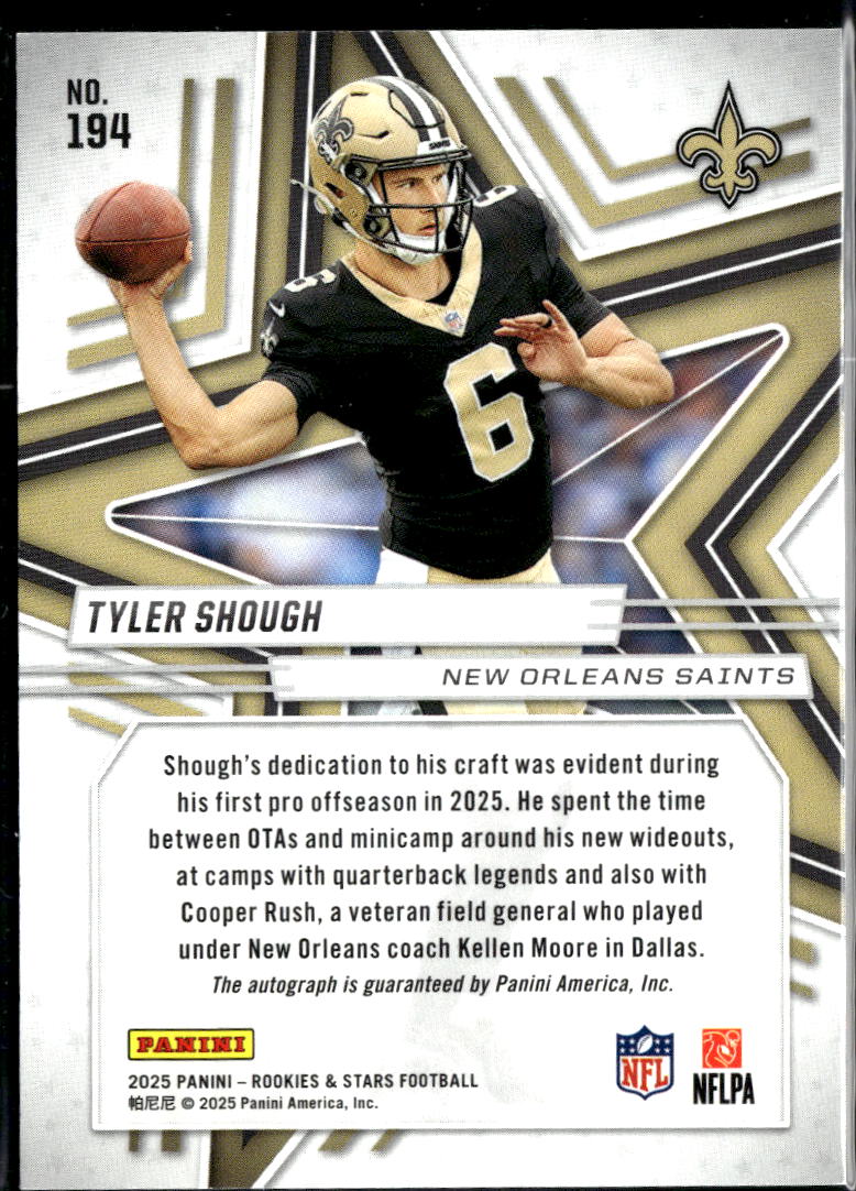 Tyler Shough 2025 Rookies & Stars Auto Autograph RC 65/349 New Orleans Saints