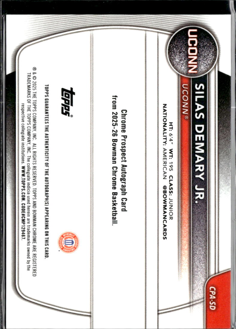 Silas Demary Jr. 2025 Bowman Chrome 1st Auto Autograph 43/299 UConn Huskies