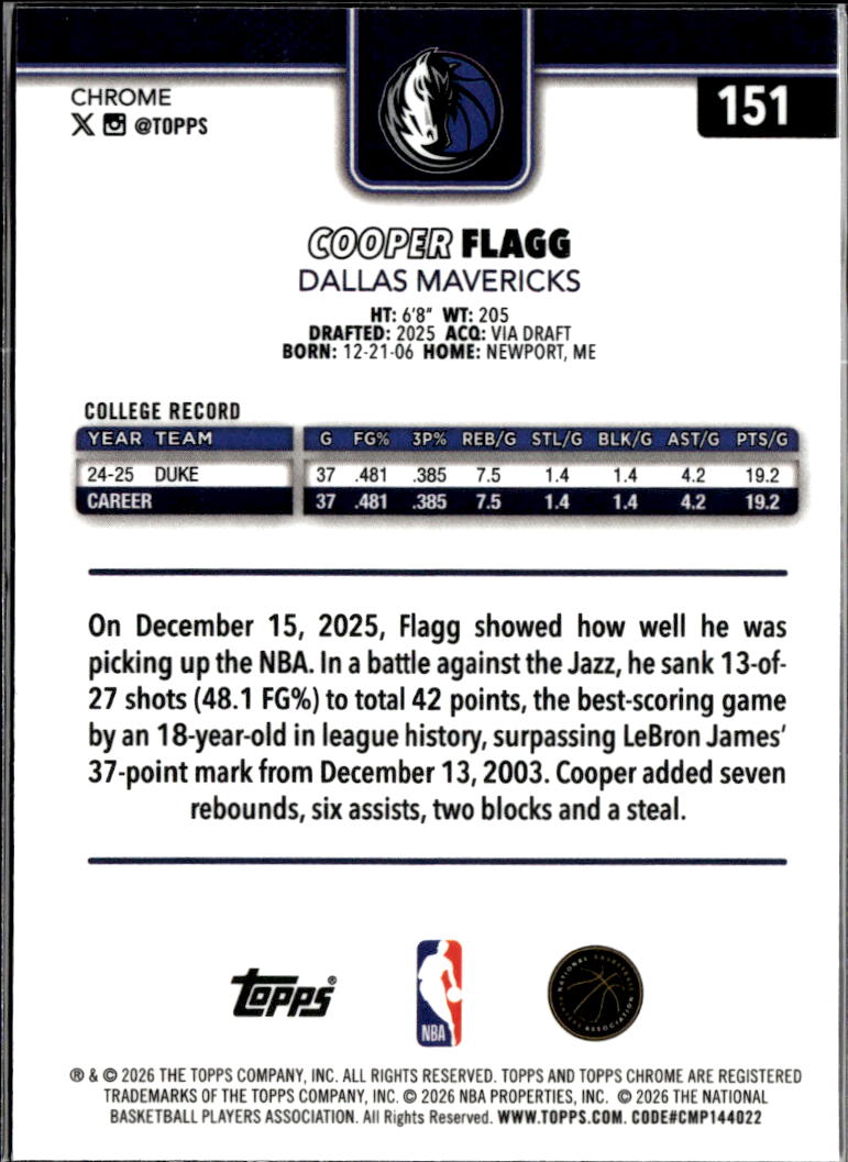 Cooper Flagg 2025-26 Topps Chrome Update Rookie RC #151 Dallas Mavericks