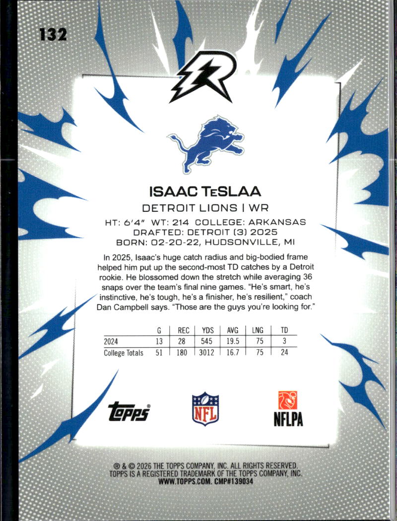 Isaac TeSlaa 2026 Topps Resurgence GOLD Rookie RC 15/50 Detroit Lions