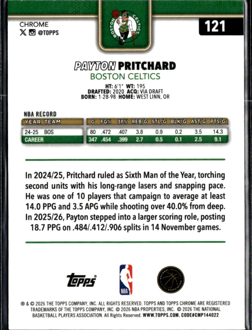 Payton Pritchard 2026 Topps Chrome Blue Boston Celtics
