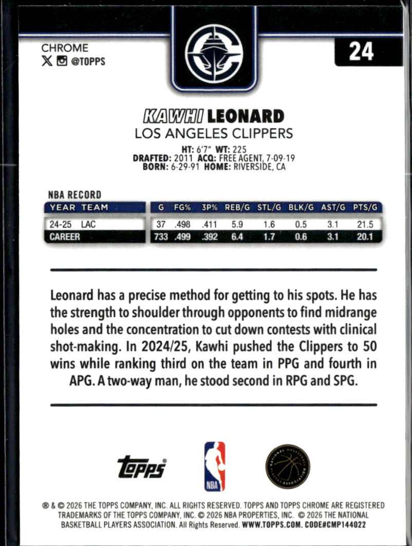 Kawhi Leonard 2026 Topps Chrome Update Green 46/99 Los Angeles Clippers