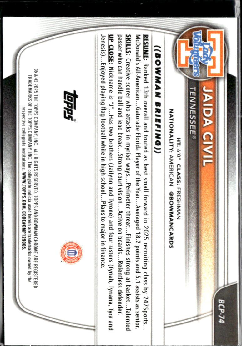 Jaida Civil 2025 Bowman Chrome 1st Speckle Refractor /299 Tennessee Volunteers