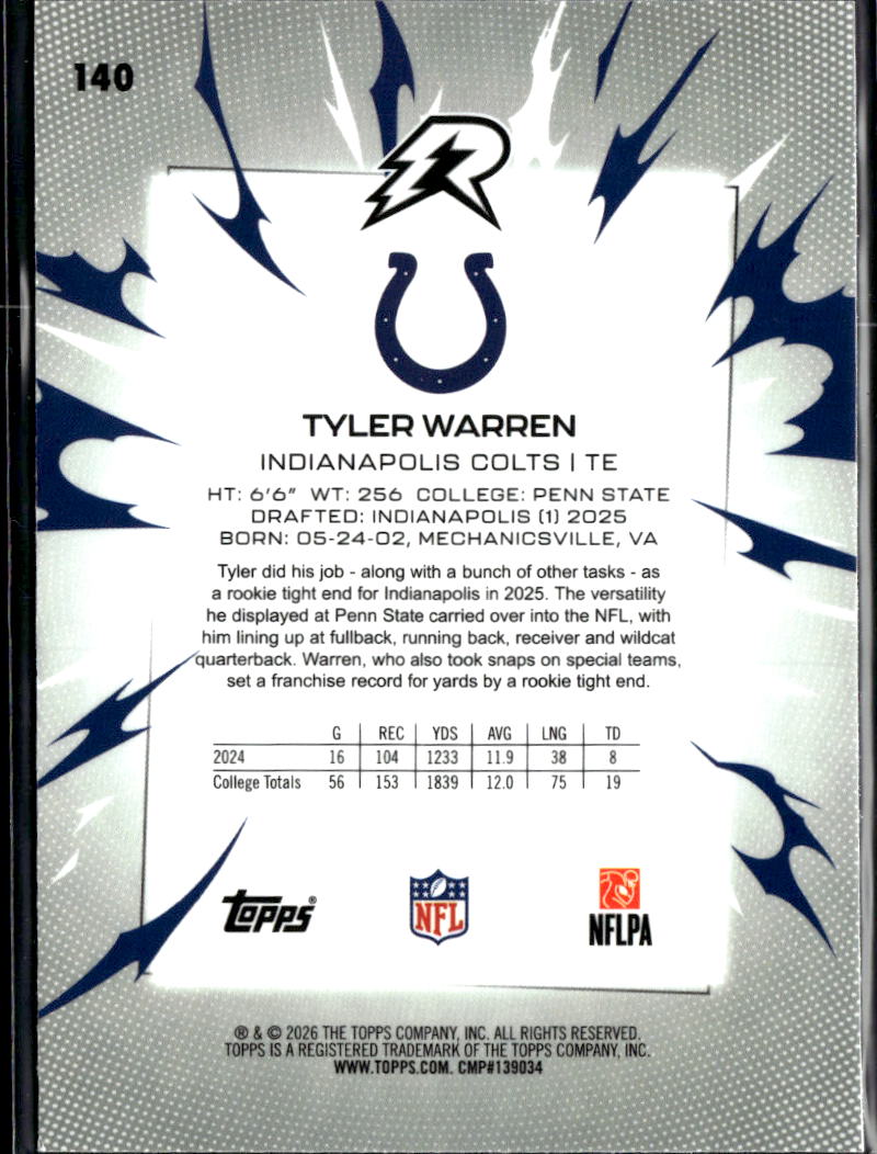 Tyler Warren 2026 Topps Resurgence White Rookie RC 65/125 Indianapolis Colts