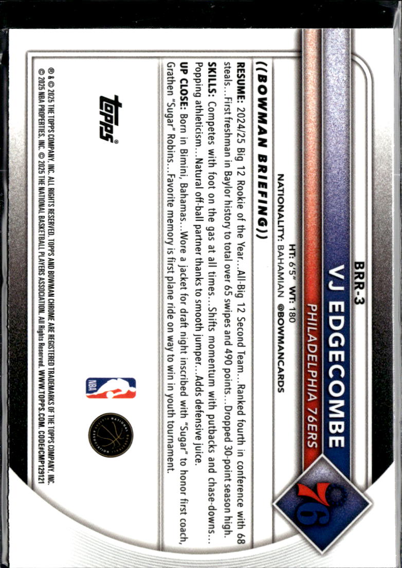 VJ Edgecombe 2025 Bowman Chrome RED Refractor RC Philadelphia 76ers