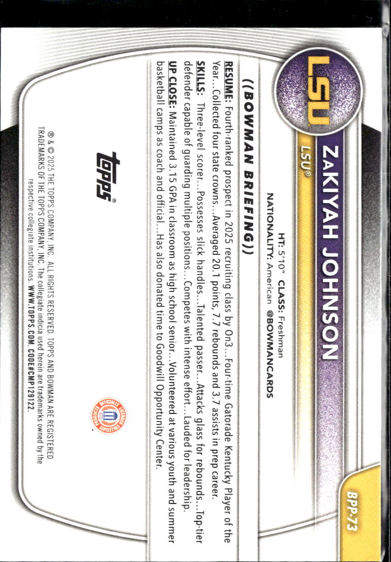 Zakiyah Johnson 2025 Bowman 1st Rookie RC Pink 102/175 LSU Tigers