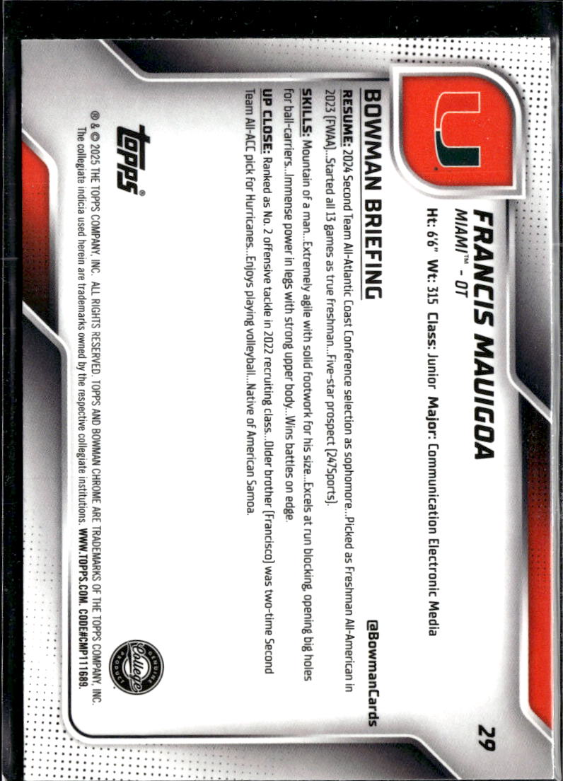 Francis Mauigoa 2025 Bowman Chrome 1st Yellow RC 67/350 Miami Hurricanes