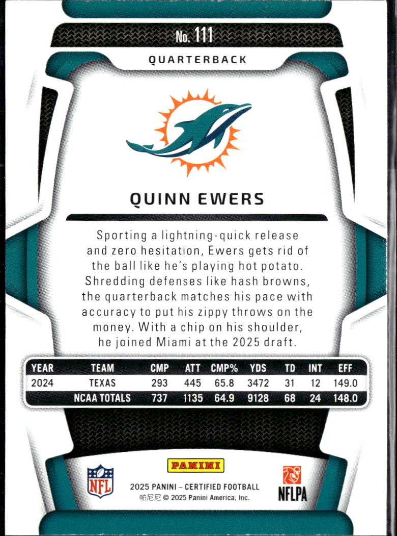 Quinn Ewers 2025 Certified RC Rookie 186/499 Longhorns Miami Dolphins