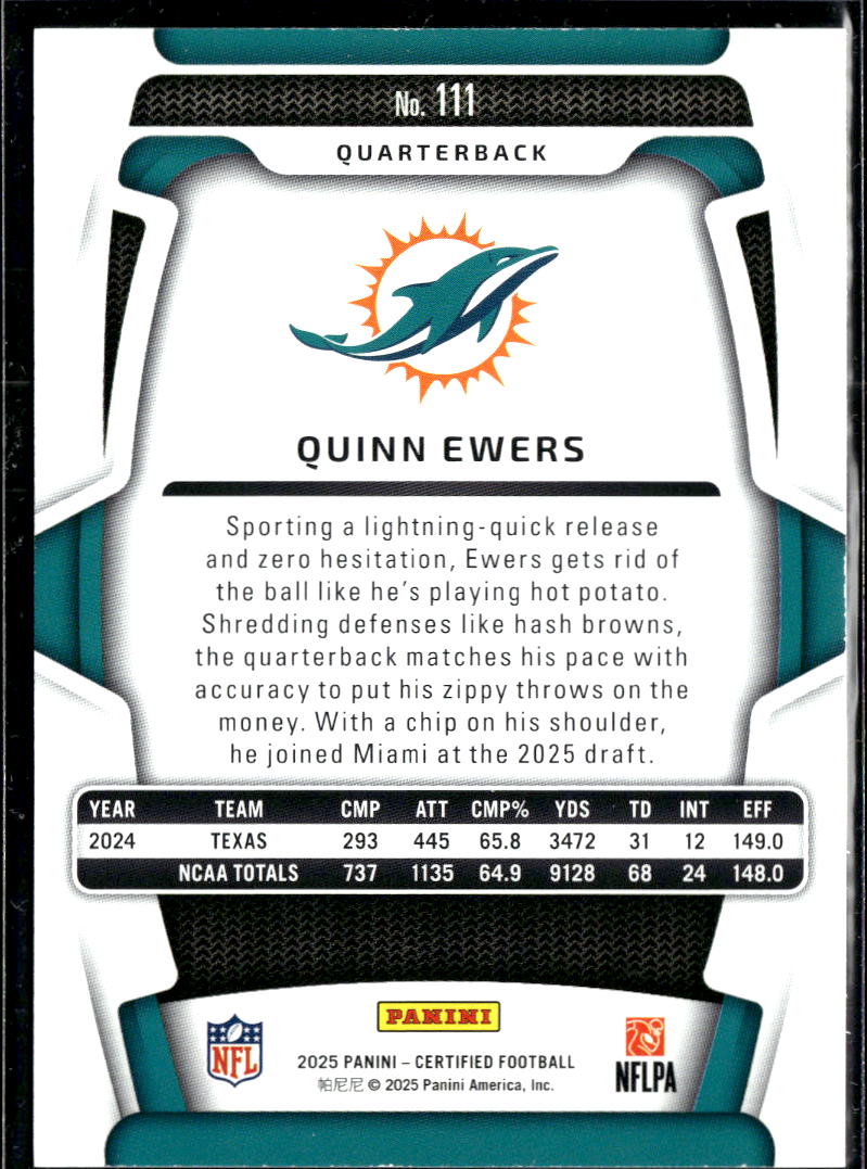 Quinn Ewers 2025 Certified RC Rookie 309/499 Longhorns Miami Dolphins