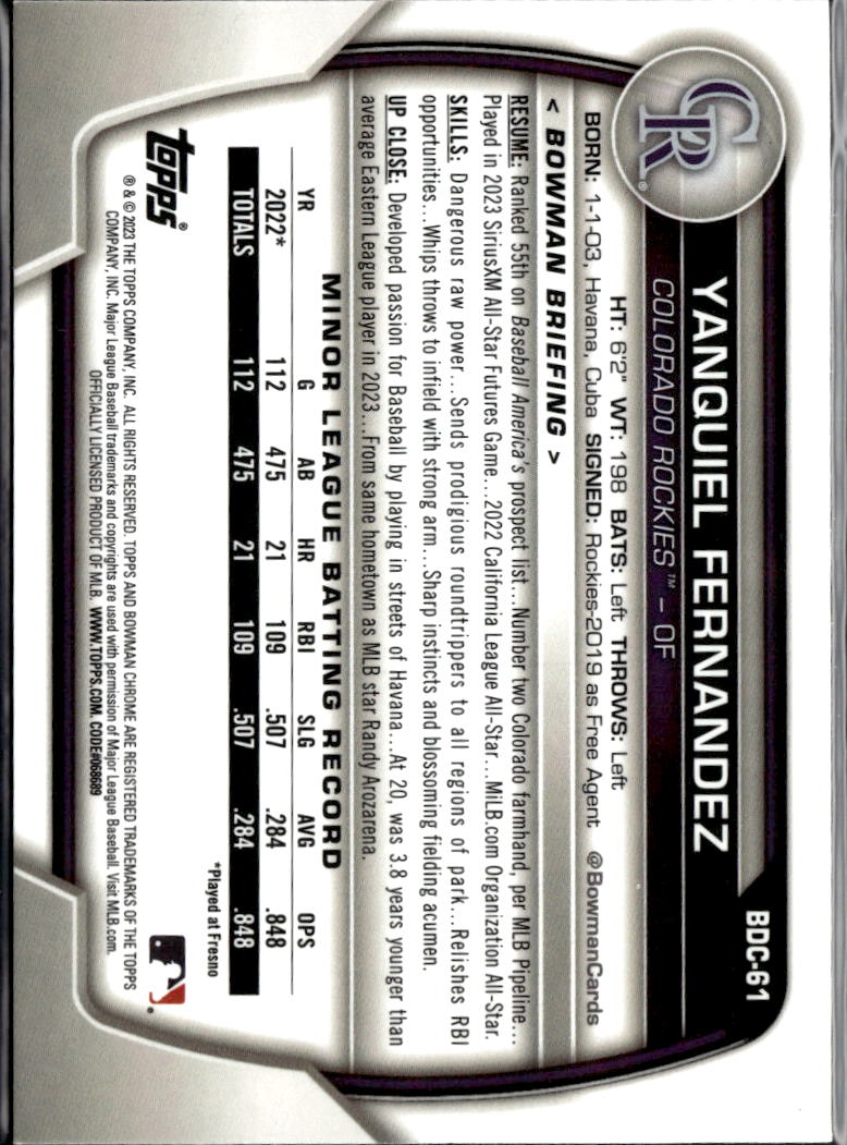 Yanquiel Fernandez 2023 Bowman Chrome Lunar Glow 110/125 Colorado Rockies