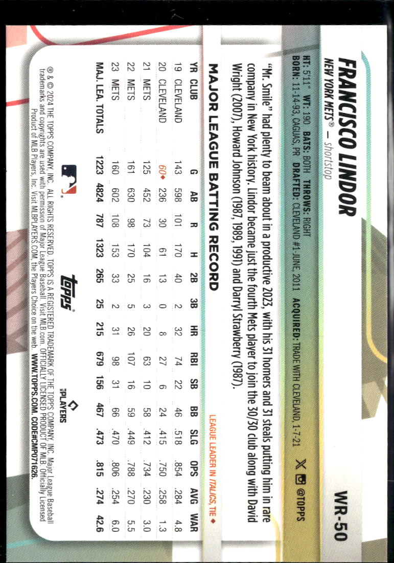 Francisco Lindor 2024 Topps Big League Holo 186/199 New York Mets