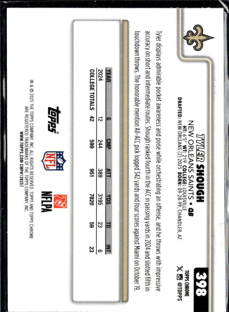Tyler Shough 2025 Topps Chrome Rookie RC New Orleans Saints